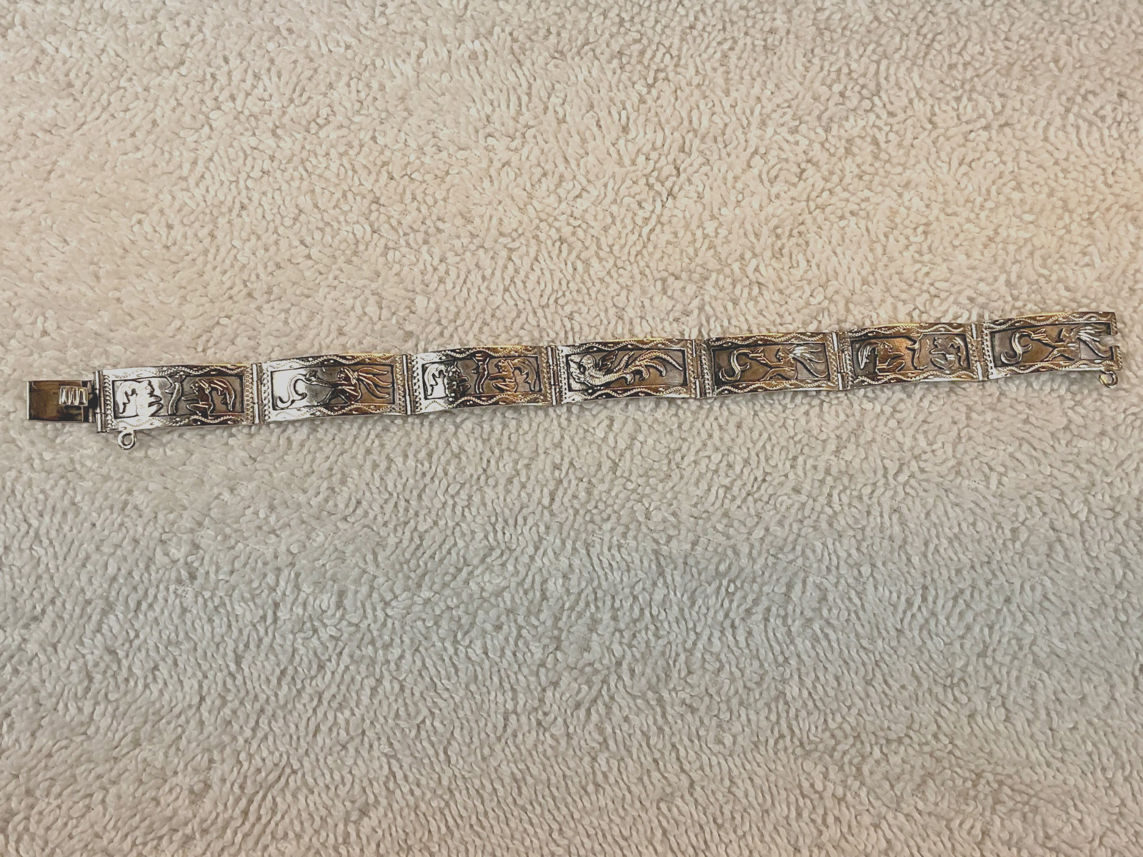 Vintage Chinese Export .900 Silver 7 Panel Bracelet Phoenix Archaistic Design