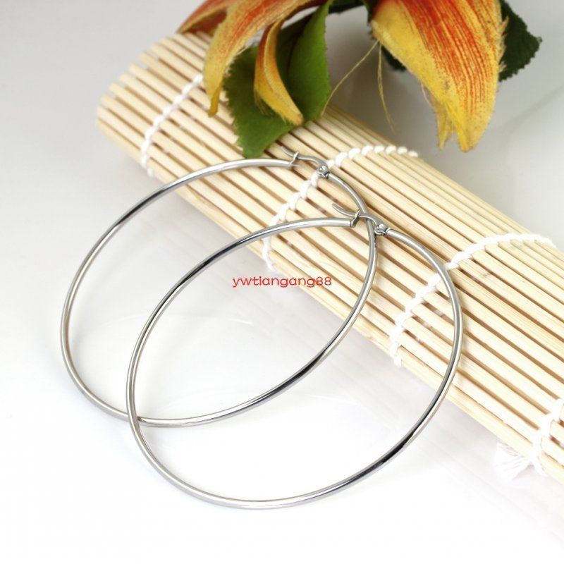 Polished Stainless Steel Round Circle Large Hoop Loops Earrings Silver Color