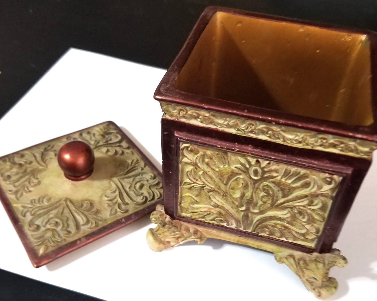 Jewelry Storage Box 4x4x4″ with Lid Ornamental Bathroom Hand Crafted Dark Tan