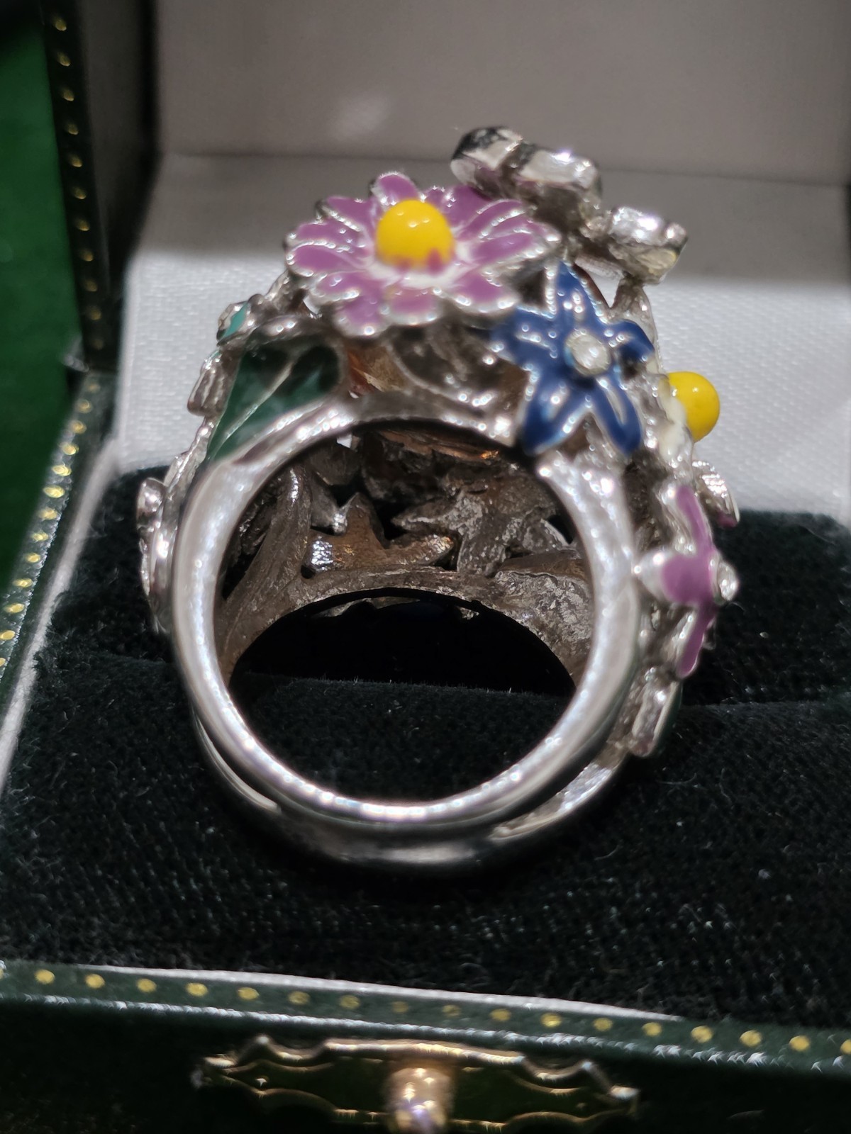 Flower garden Faux Citrine enamel rhinestone butterfly ladybug ring Size 7