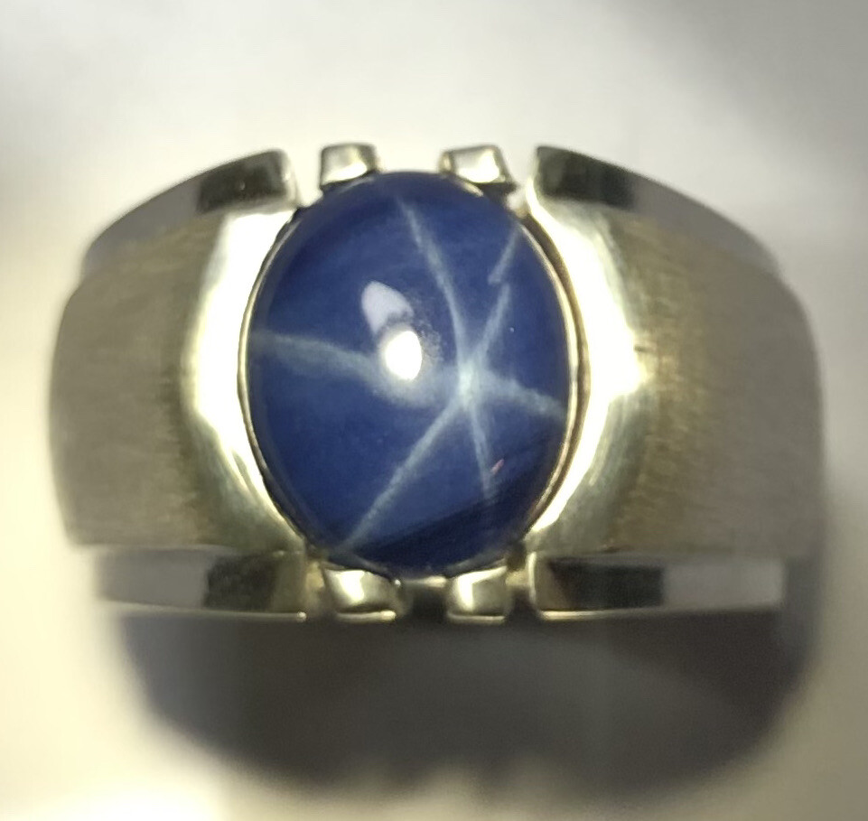 MJG STERLING SILVER CLASSIC MEN’S RING.12 X 10mm LAB BLUE STAR SAPPHIRE. SZ 10+