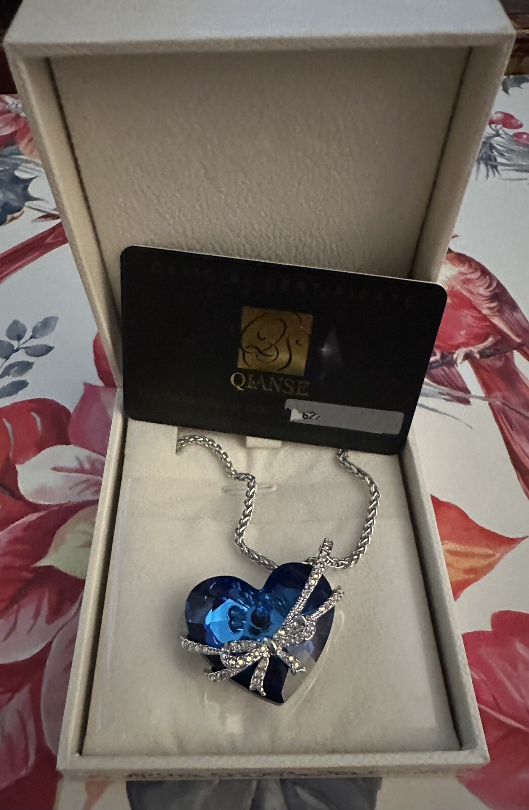 Qianse Swarovski Blue Heart of the Sea Pendant W Bow “Love You Forever” Necklace