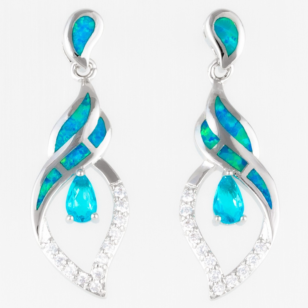 3×5 Simulated Blue Topaz Blue Fire Opal Silver Jewelry Drop Pierced Earrings
