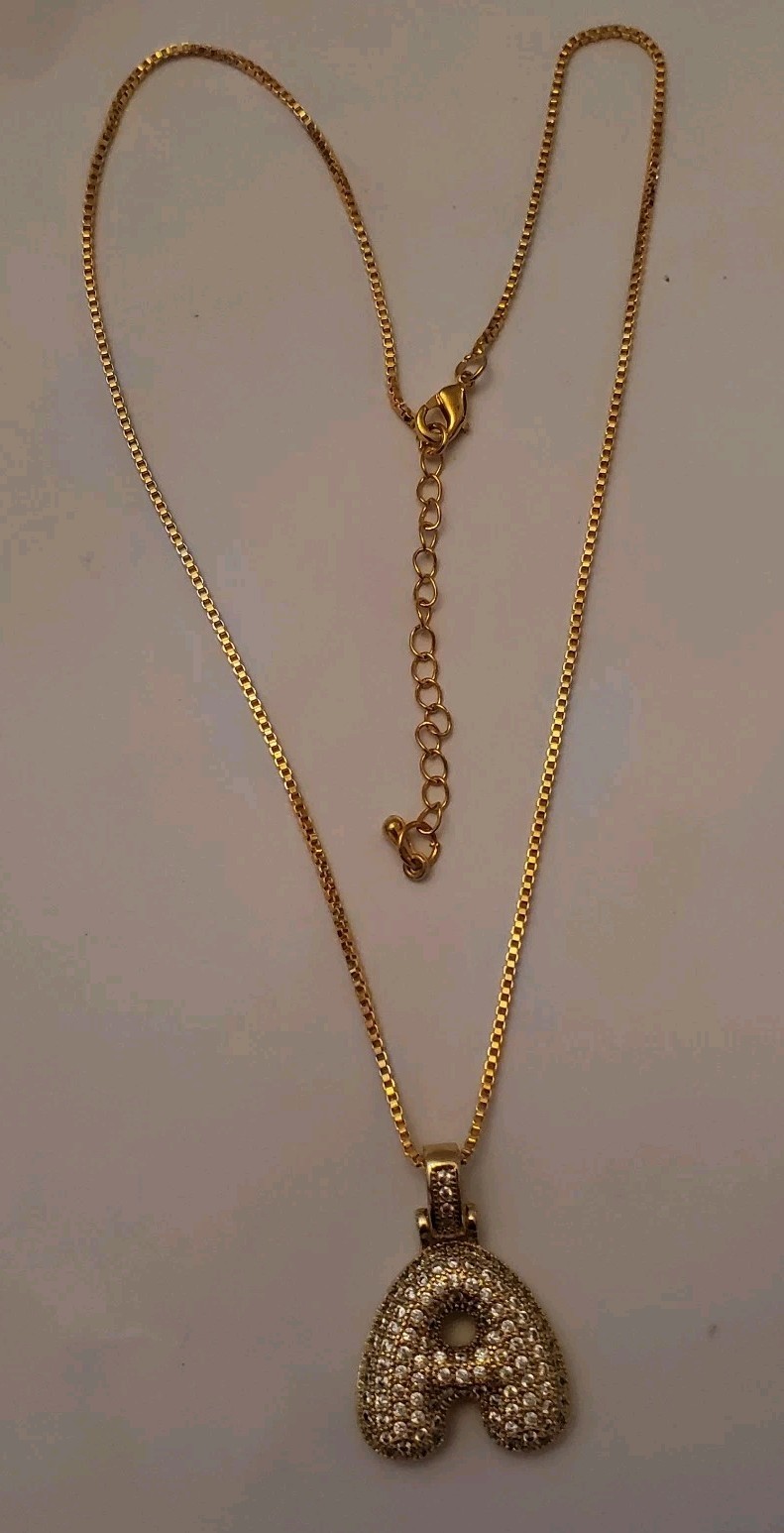 Zircon Initial ‘A’ Pendant Gold Tone Box Chain Necklace 16 ” With 2 ” Extender