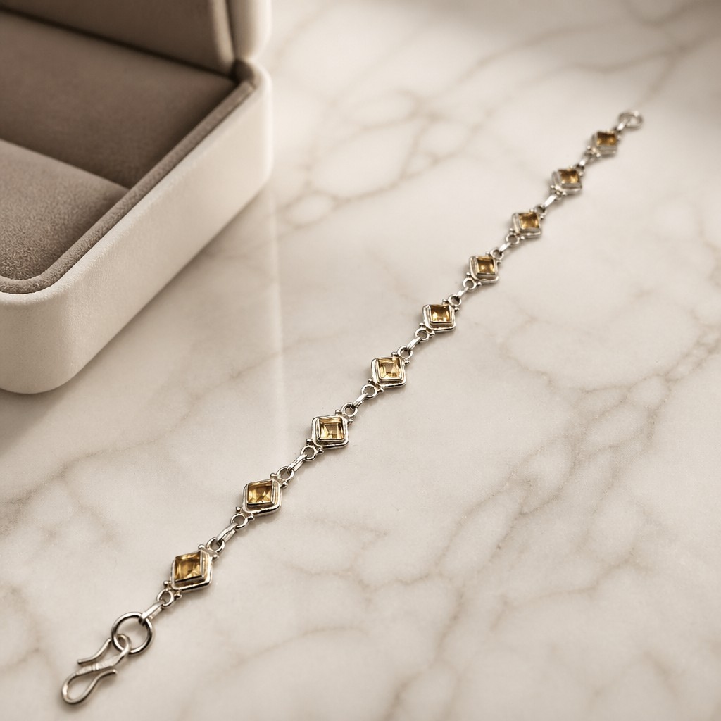925 Sterling Silver Citrine Link Bracelet Geometric Square Princess Cut 8.25in
