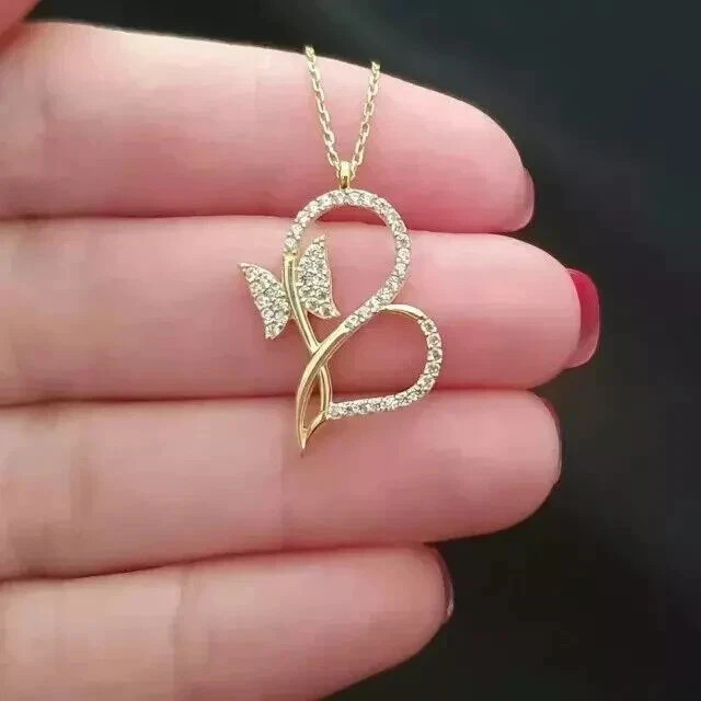Butterfly Heart Pendant 1 Ct Round Cut Real Moissanite 14K Yellow Gold Plated