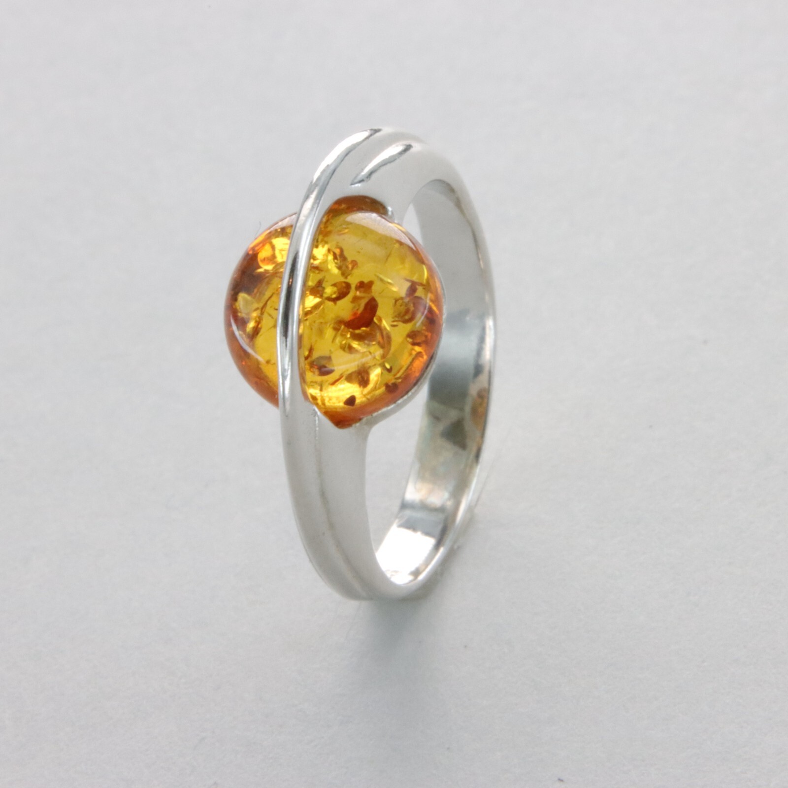 Cognac / Brown Round BALTIC AMBER Space Ring 925 STERLING SILVER Poland #22e