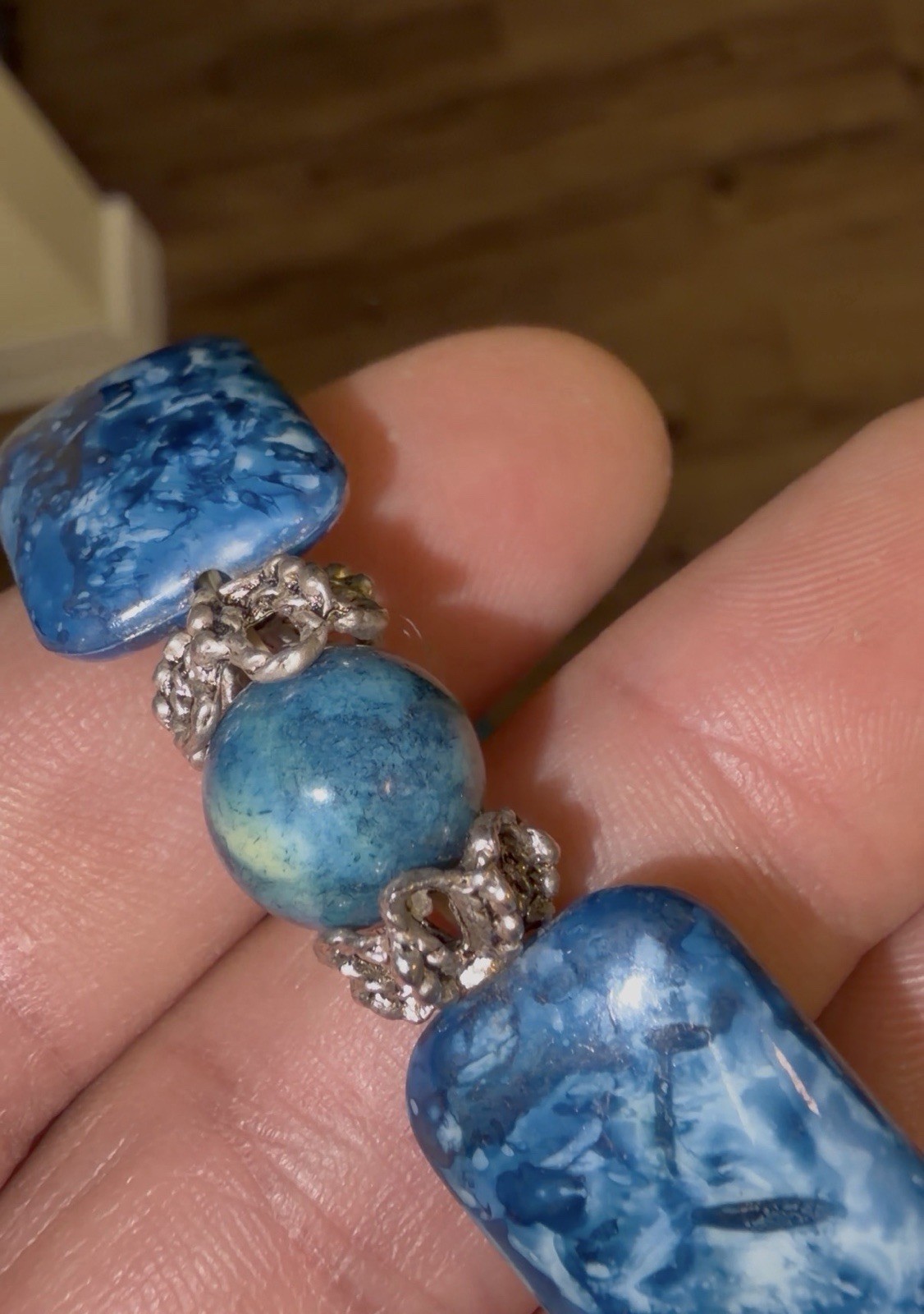 Bohemian Denim Blue Mottled Gemstone Bead Bracelet Silver Filigree Caps