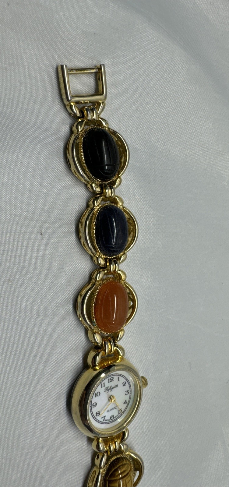 Vintage Lafayette MOP Semi-Precious Stone Egypt Scarab Beetle 22MM 7″