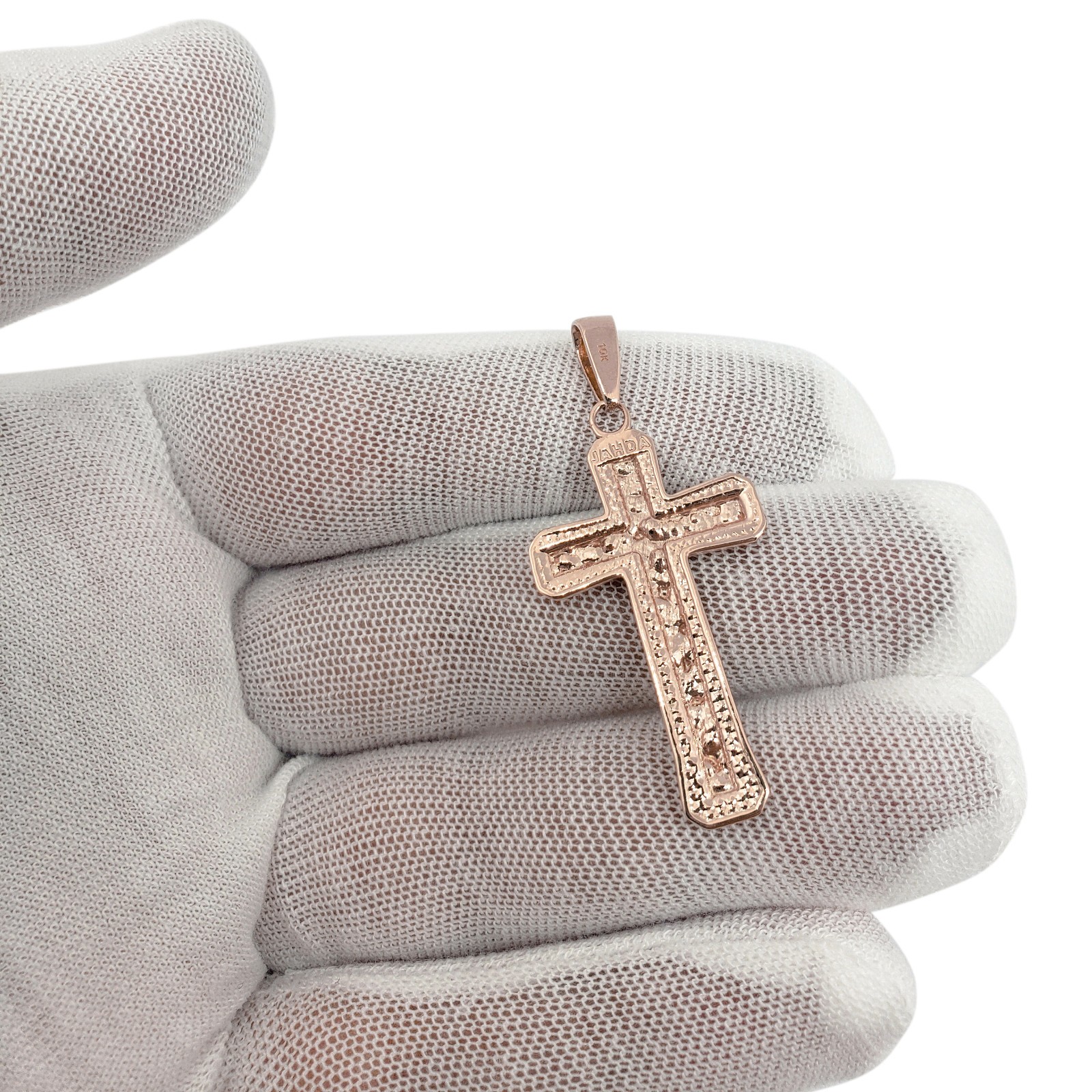 Real 10K Rose Gold Nugget Cross Textured Edge Mens Diamond Cut Pendant All Sizes