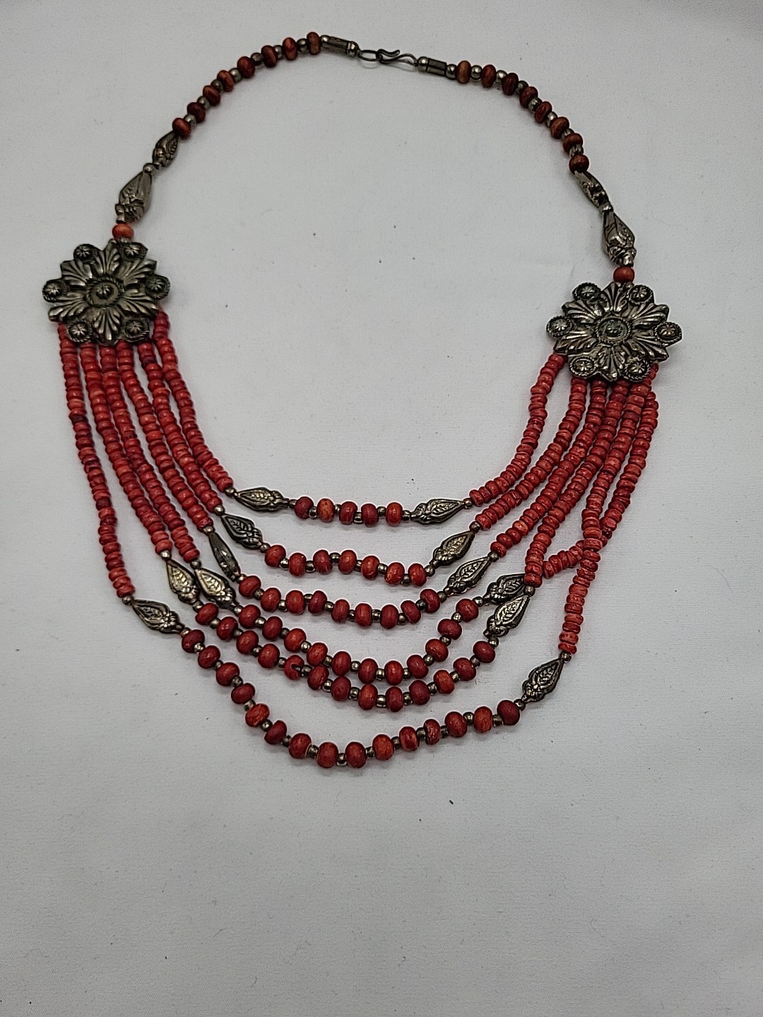 South American Multi-Strand Wooden Bead Necklace With Metal Floral Accents 27″