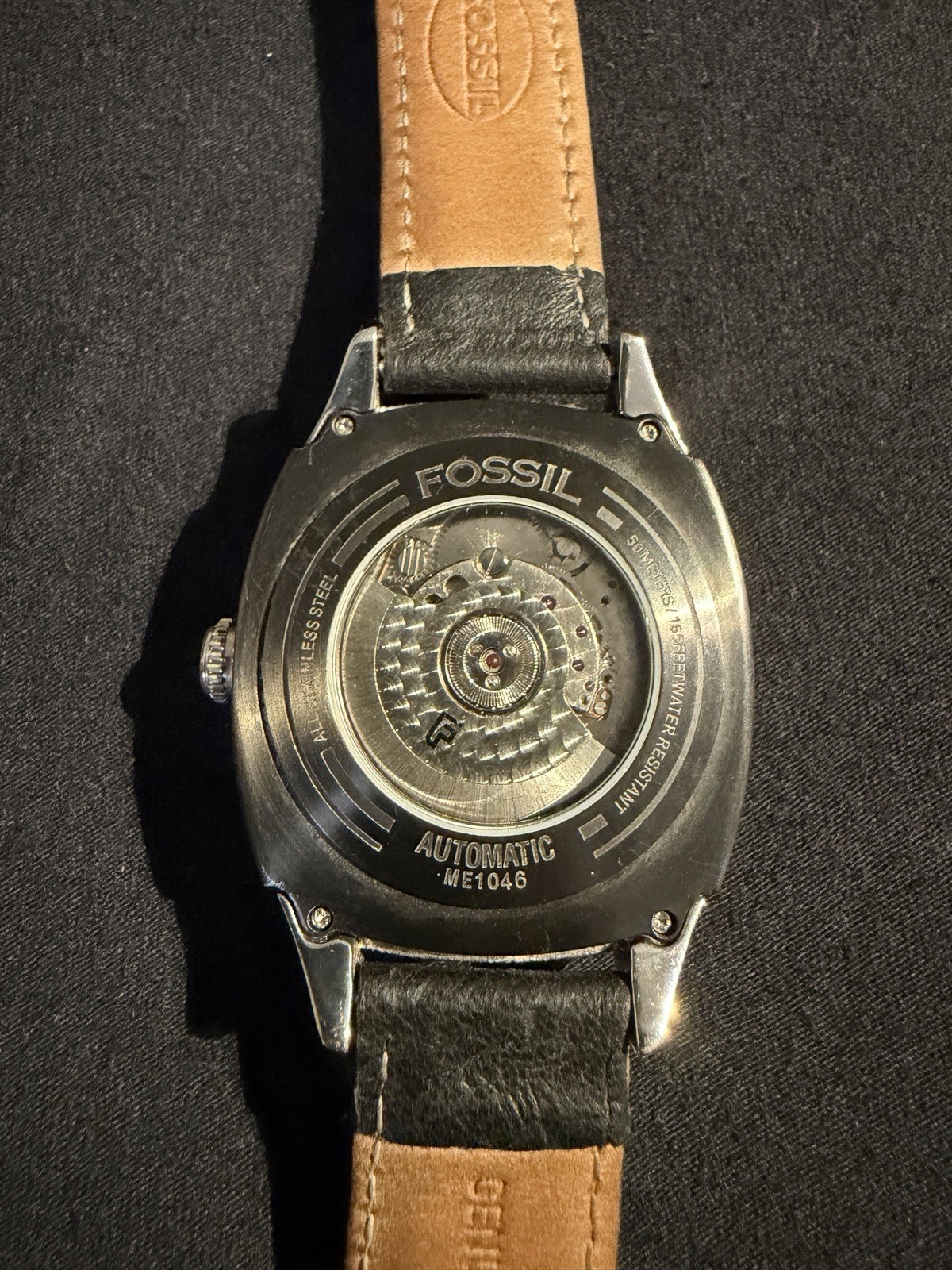 Fossil Men’s ME1046 Automatic Dual Time Watch With Rose Gold Hands And Indices.