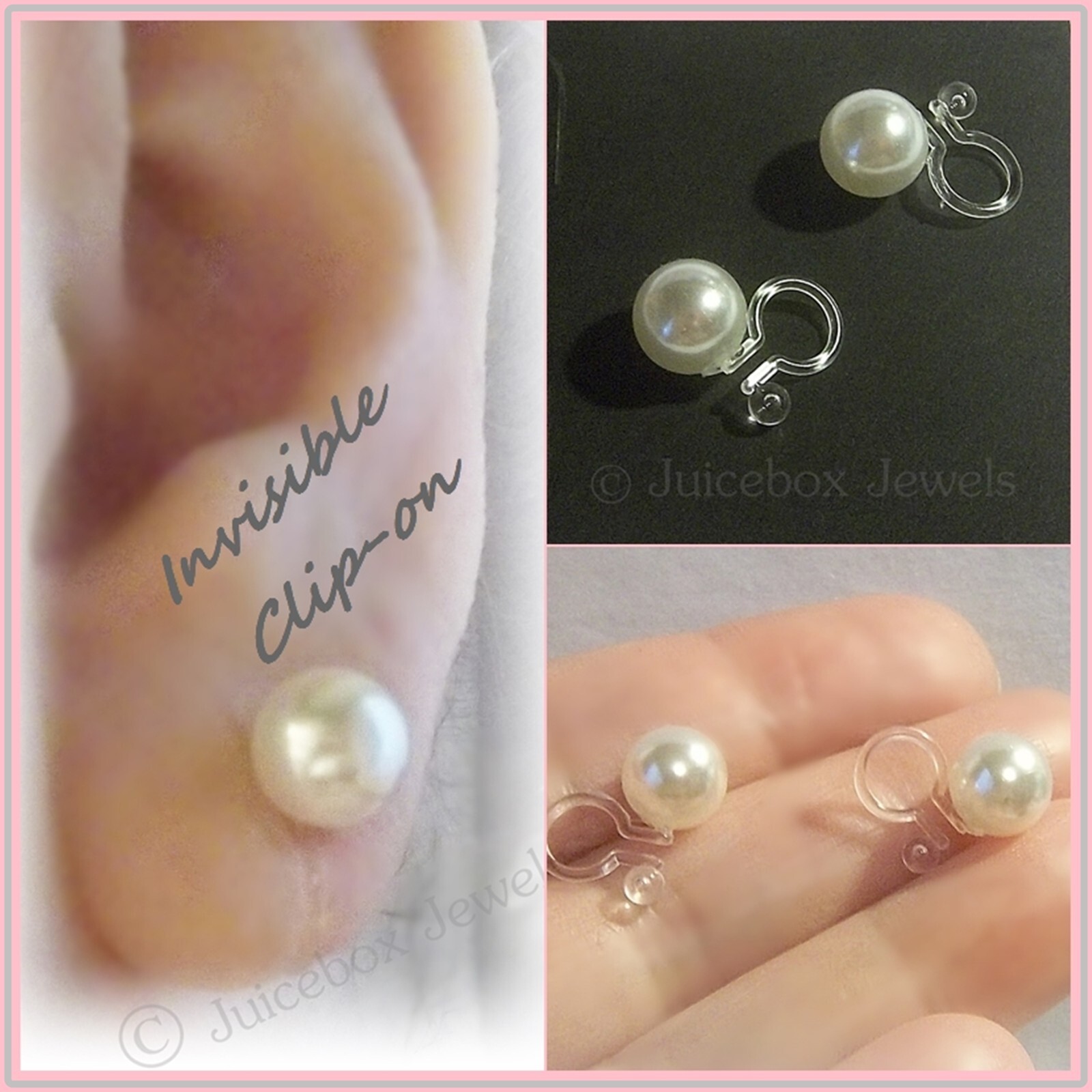 Invisible 8mm Faux White Pearls, Round Clip On Stud Non-Pierced Earrings Y187