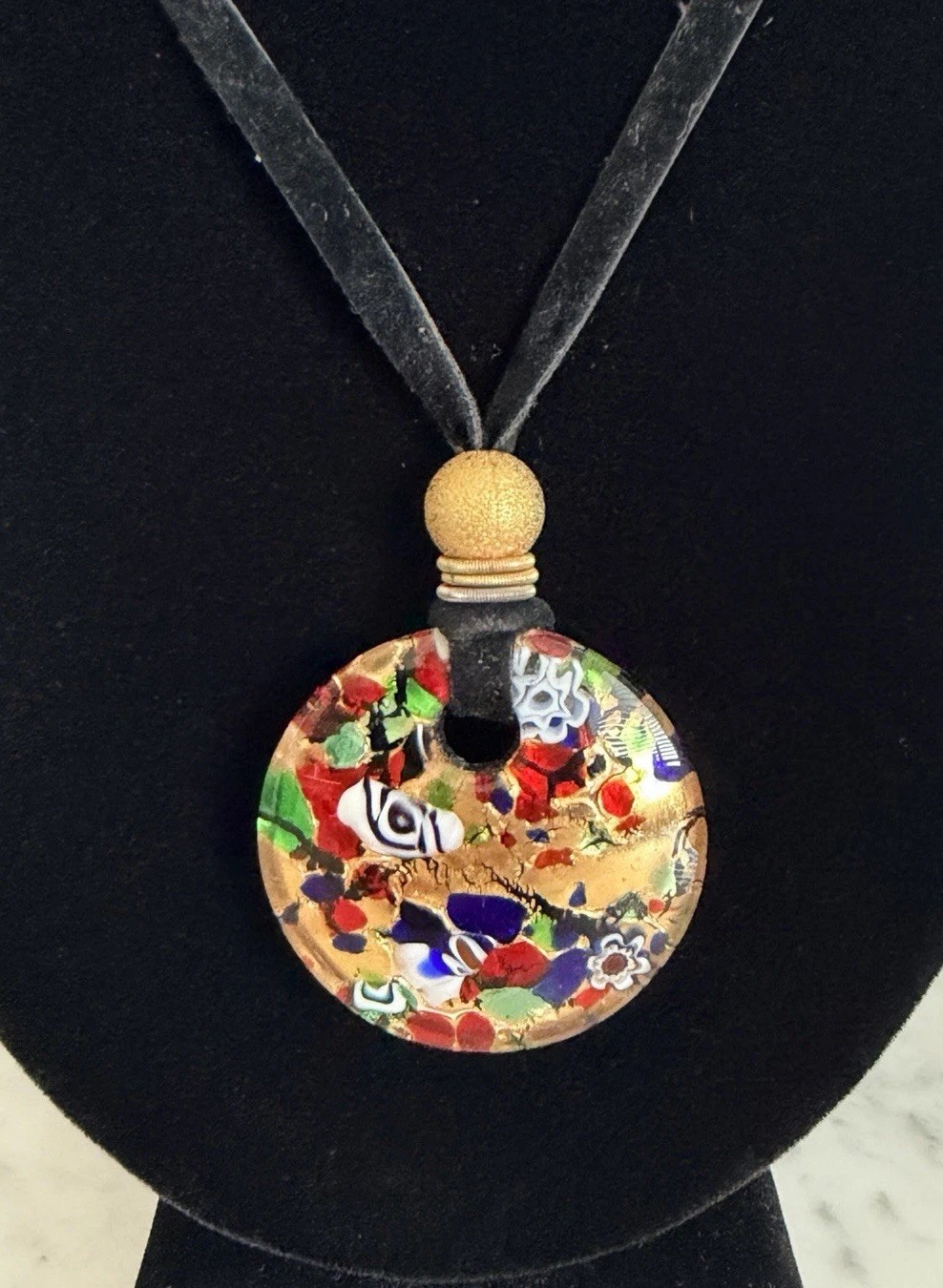 Vintage Italy Vetro Di Murano Black Cord Multi-Color Glass Pendant Necklace 16″