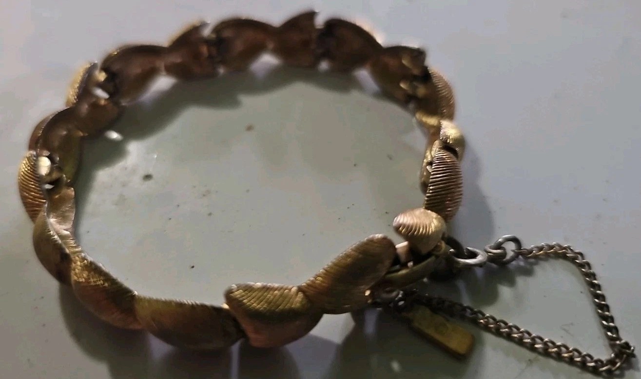 Vintage Monet Gold Tone Link Bracelet With Safety Chain Chunky Textured