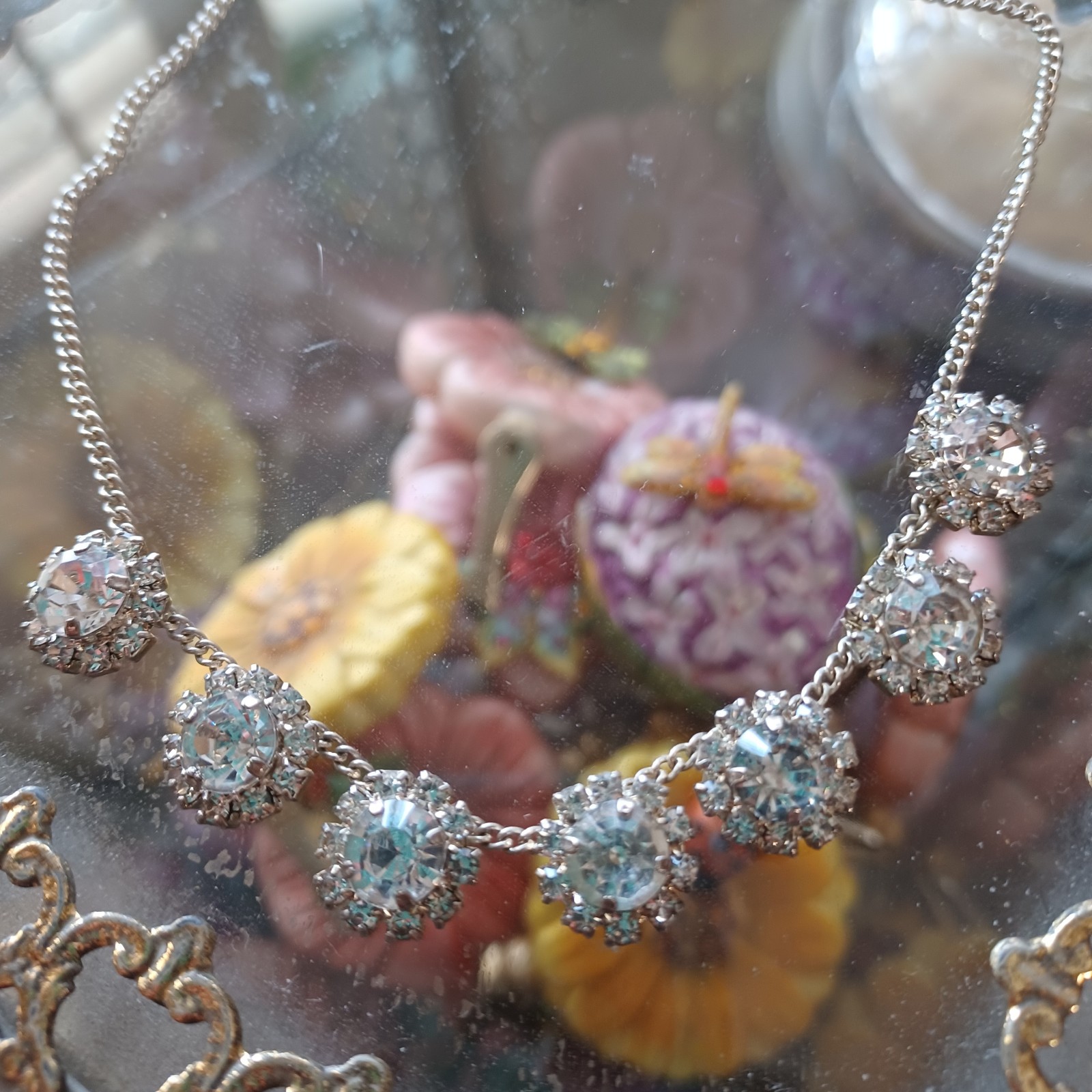 VINTAGE LIZ PALACIOS SWAROVSKI CRYSTALS SILVER NECKLACE FLORAL STATEMENT NECKLAC