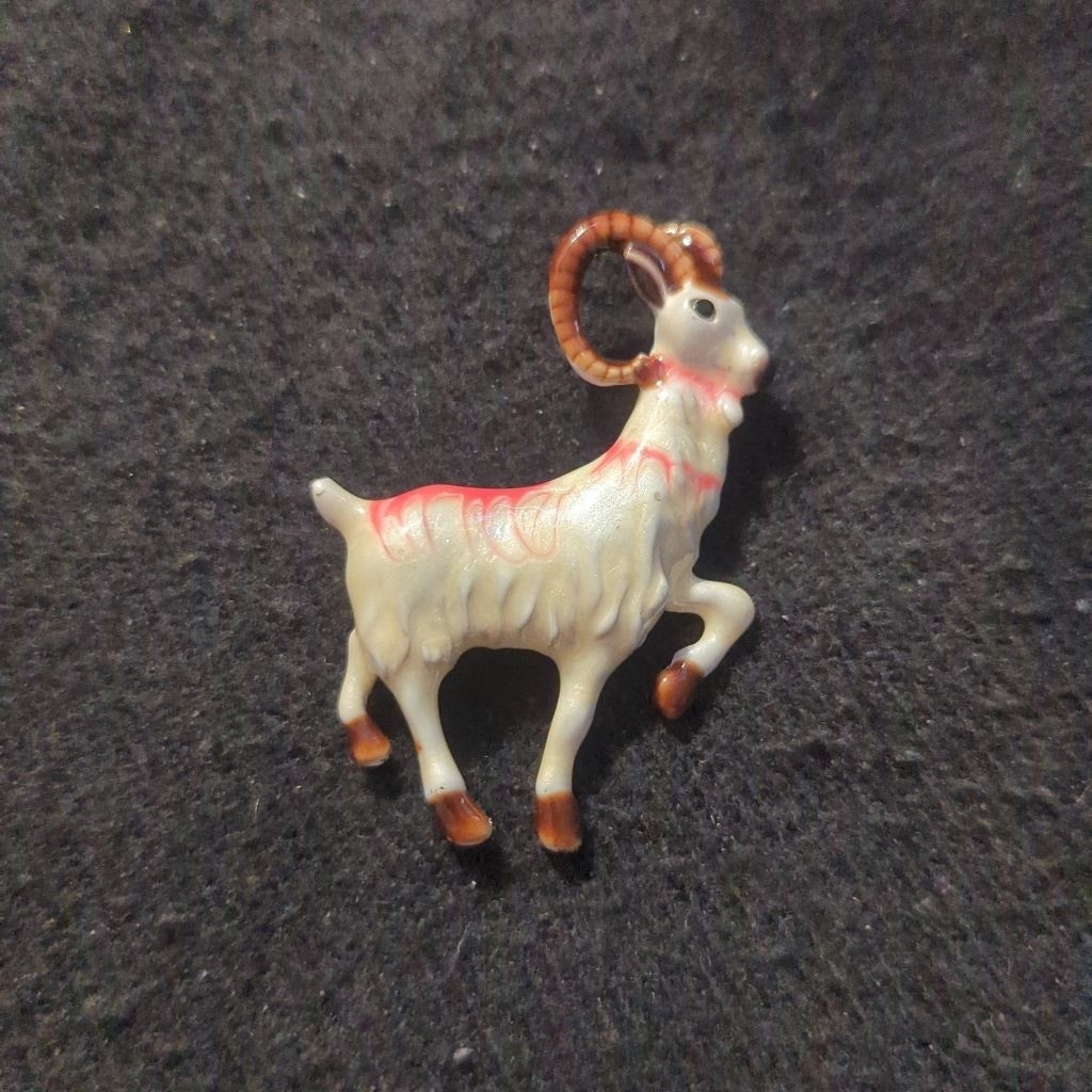 Gold Tone White Brown Red Enamel Goat Sheep Statement Brooch