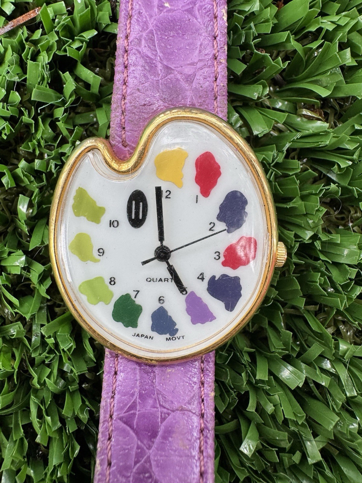 Women’s Quartz Analog Watch Gold Tone Case Purple Leather Strap Colorful Dial