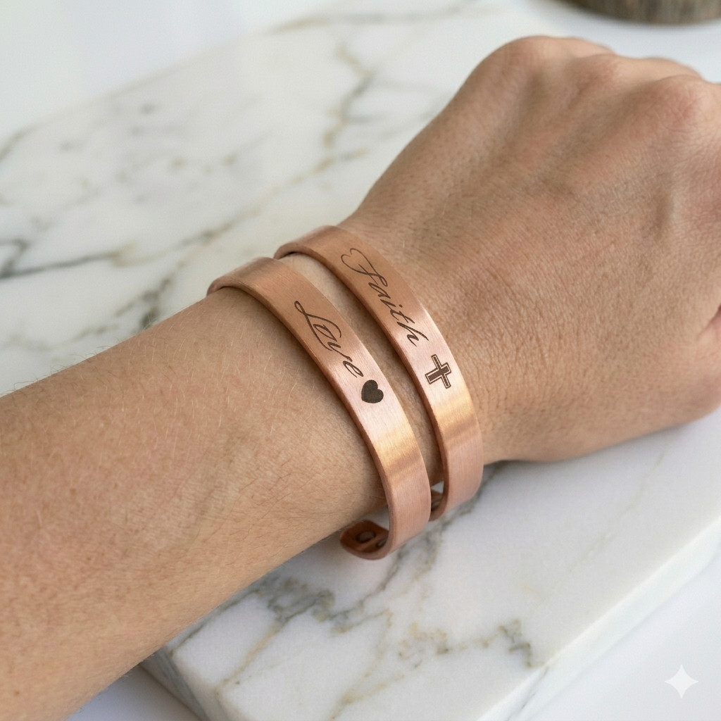 2 Pack Pure Copper Magnetic Bracelet Solid Copper Cuff FAITH CROSS LOVE HEART
