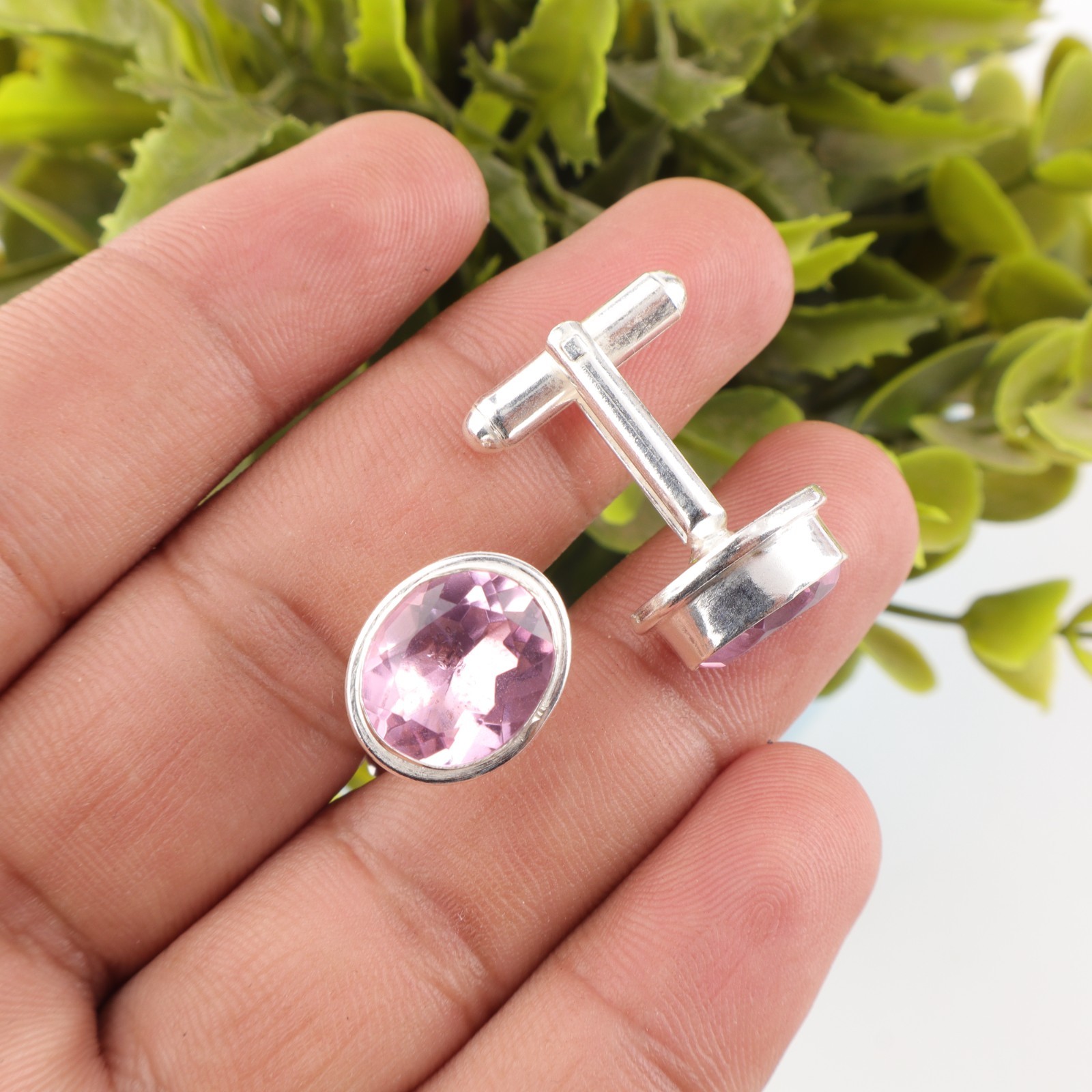 Pink Morganite Gemstone 925 Sterling Silver Men’s Cufflinks Jewelry Gift For