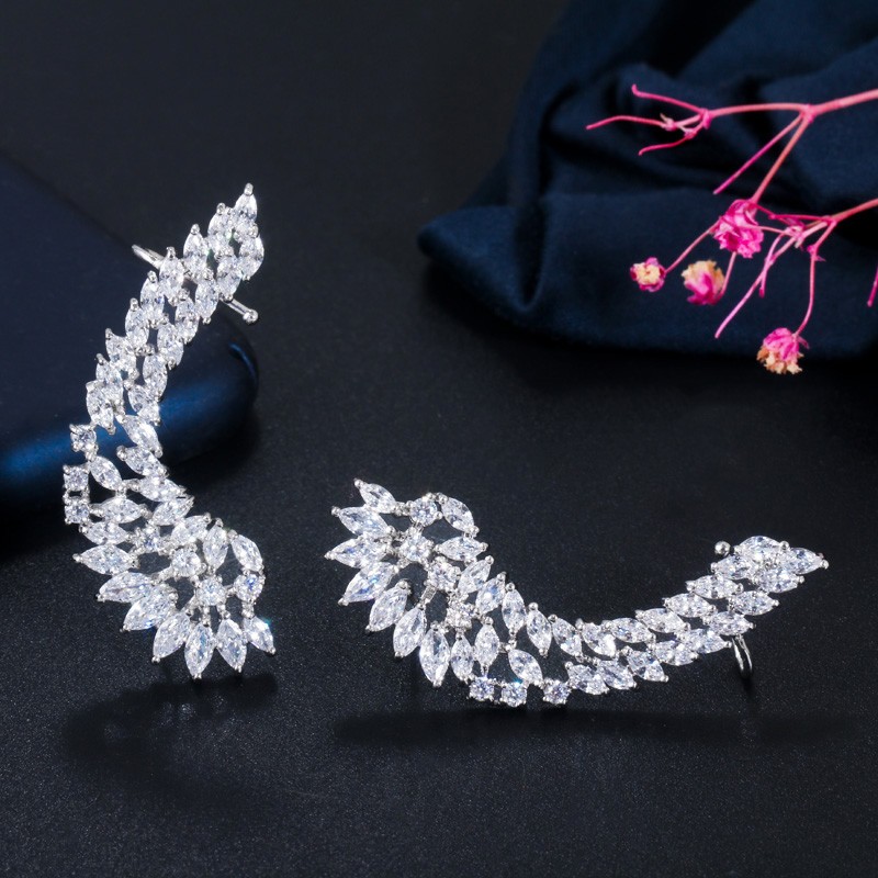 Silver Plated Cubic Zircon Symmetrical Stud Ear Cuff Climber Earrings for Women