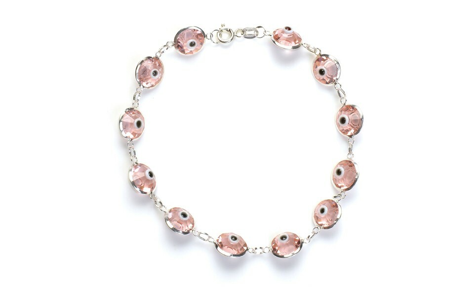 Solid 925 Sterling Silver 10MM Pink Crystal Evil Eye Charm Bracelet – 7.5″