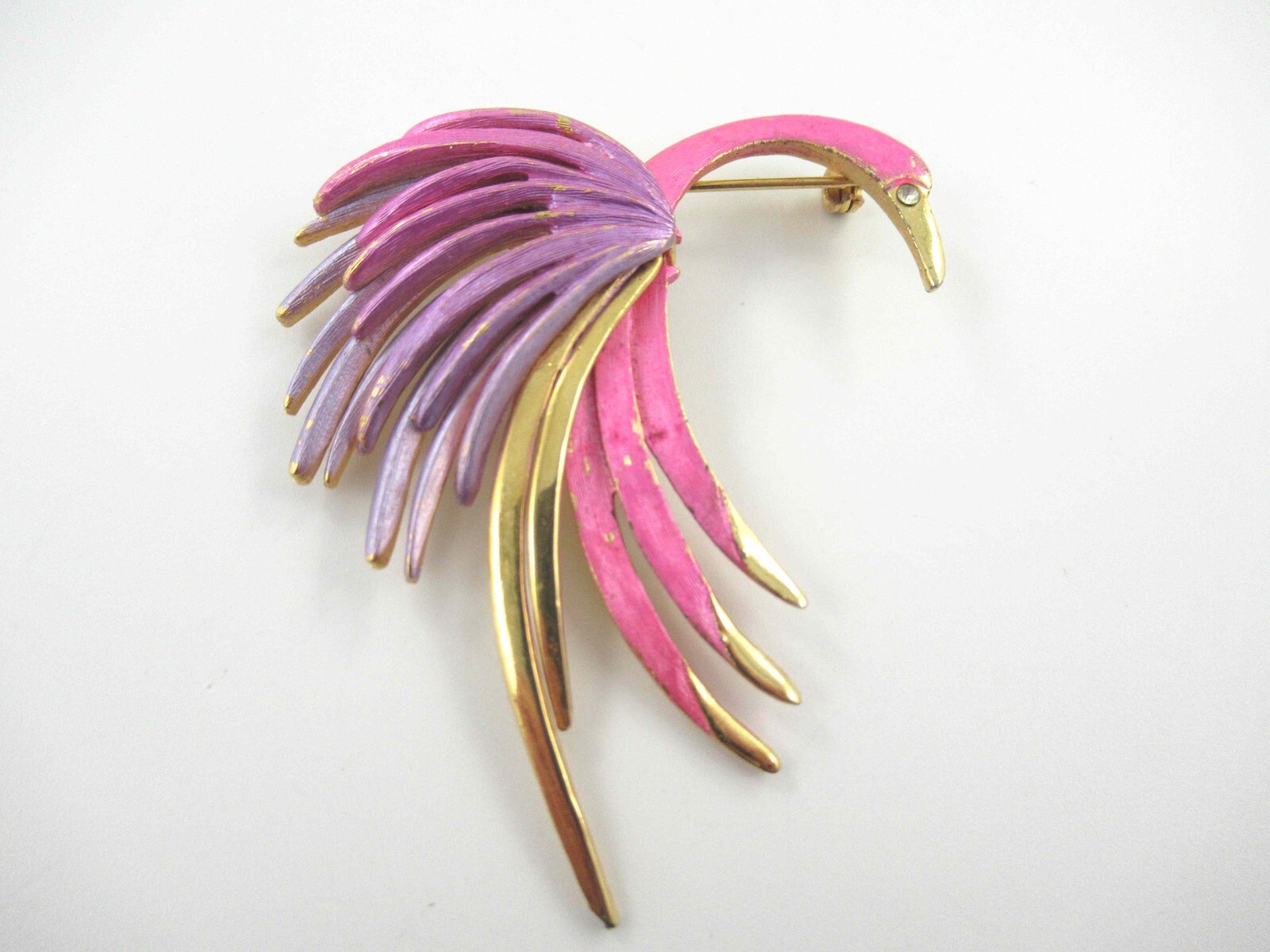 Signed Park Lane Vintage Pink Bird of Paradise Enamel on Gold Tone Brooch Pin