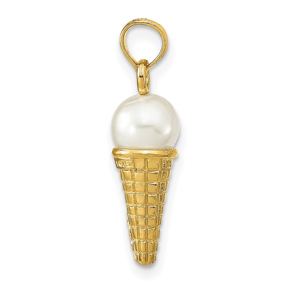 14K Yellow Gold Satin 3D Bead Ice Cream Cone Pendant L-16.15mm W-6.05mm