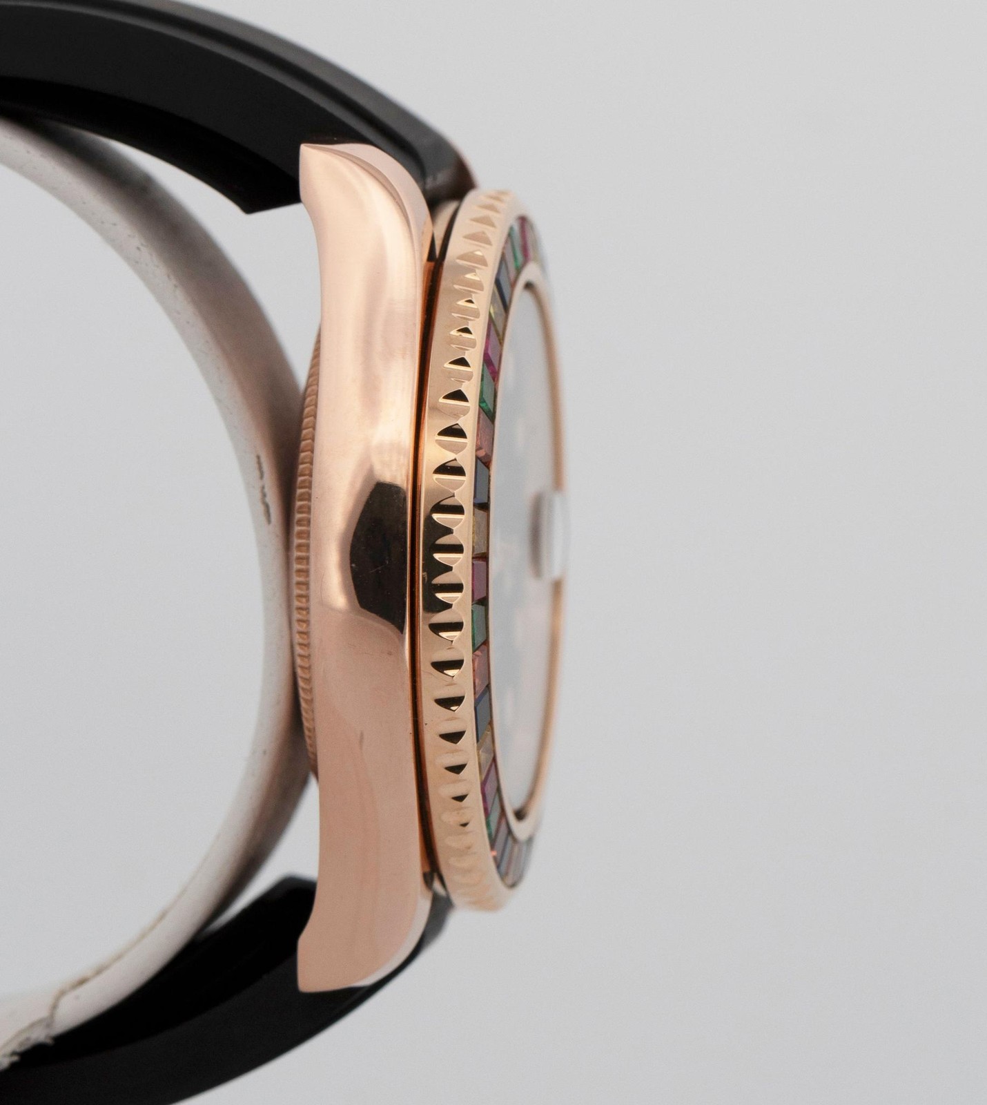 Rolex Yacht-Master 18k Rose Gold RAINBOW SAPPHIRE Black Oysterflex 37mm 268655