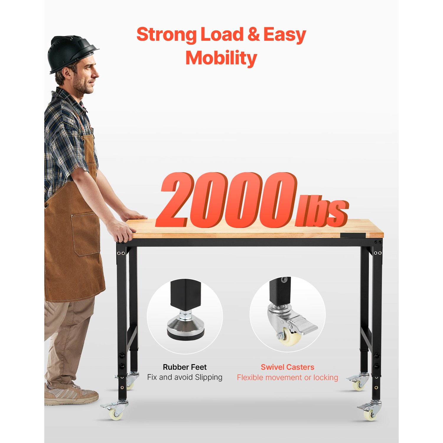 Uimoso 48″ Mobile Workbench with Adjustable Height, Power Outlet & Pegboard