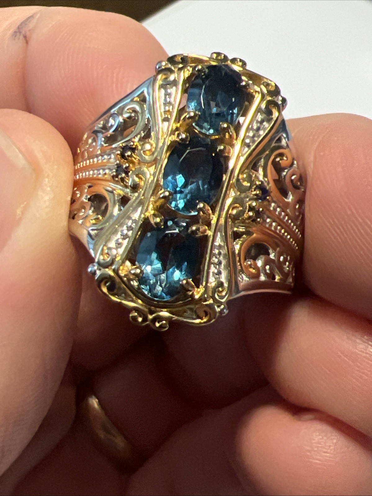 Gems en Vogue Sterling 925 Blue topaz Palladium Ring sz 10 Gold Vermeil #JV98