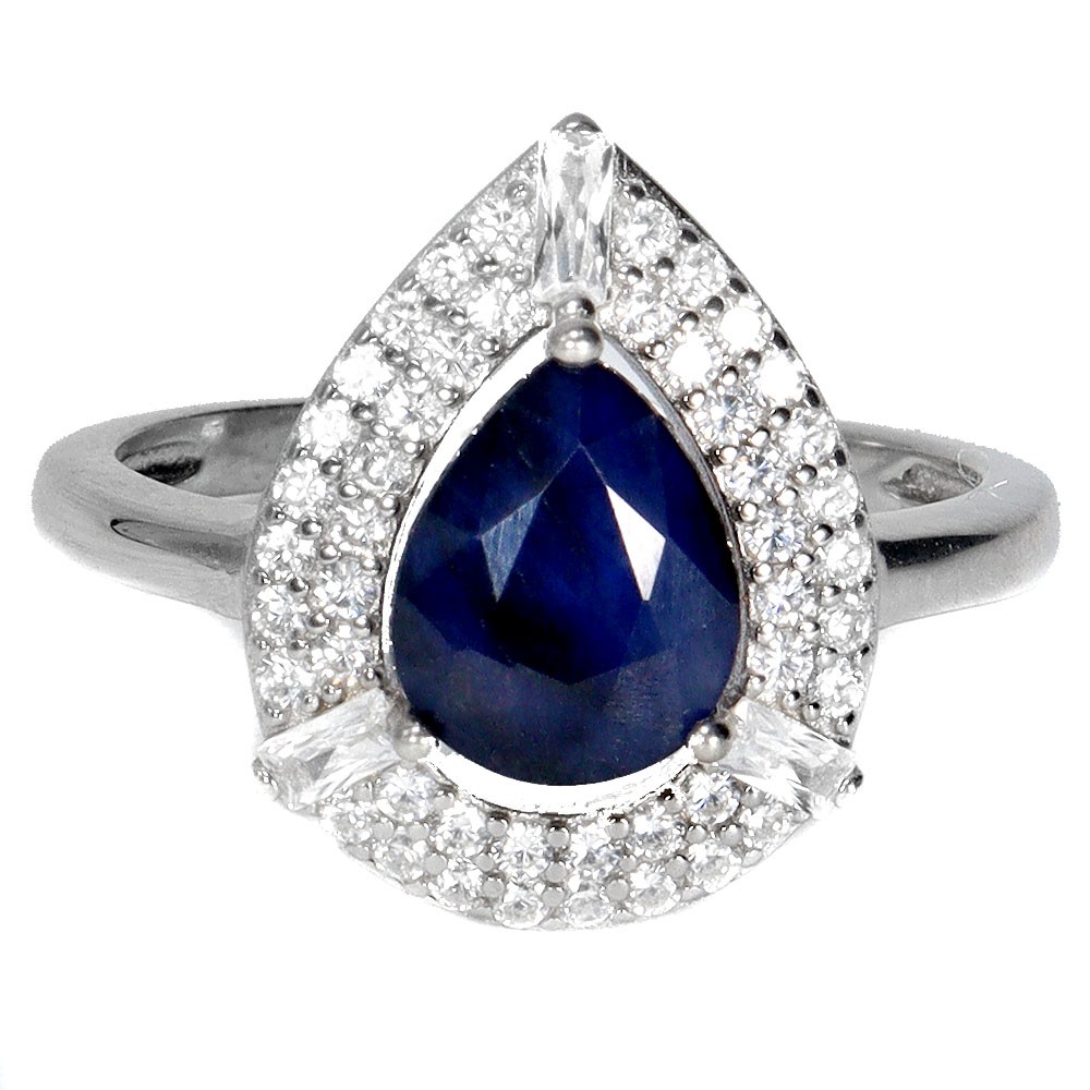 925 Sterling Silver Ring Pear Blue Sapphire Diffusion 9x7mm Gemstone Jewelry 8.5