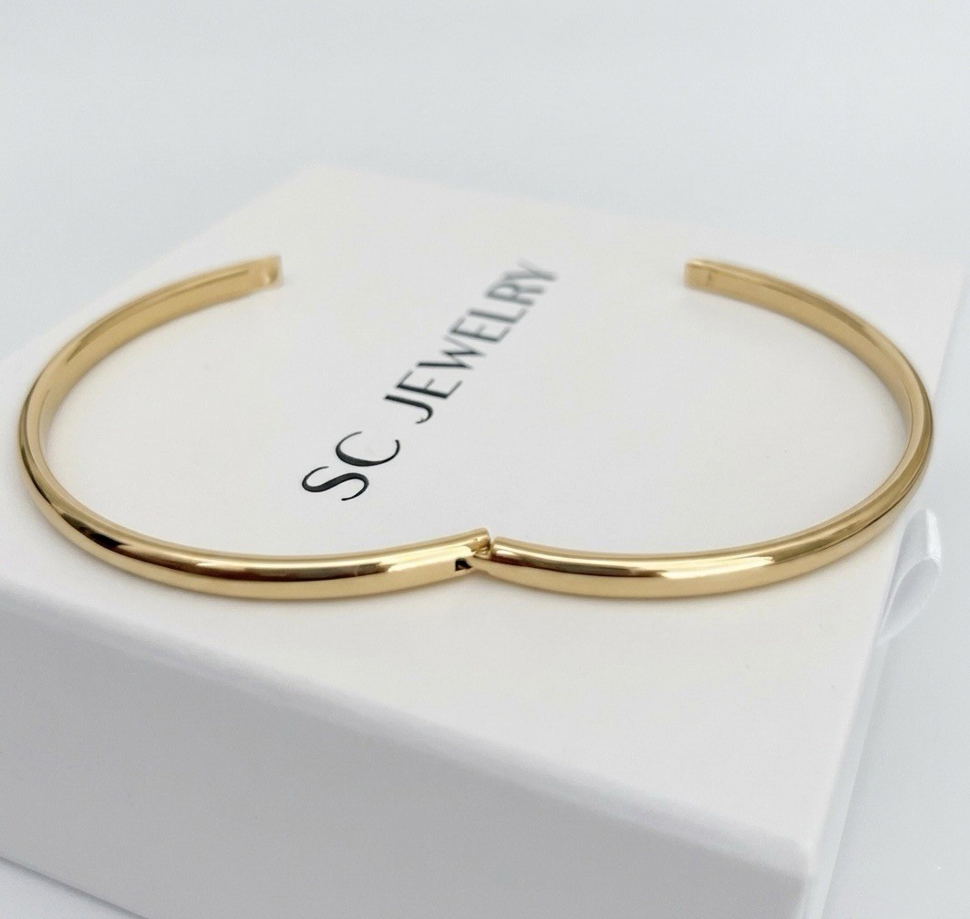 14K Gold Plated Hinged Thin Bangle Bracelet Water Resistant Rhodium Finish