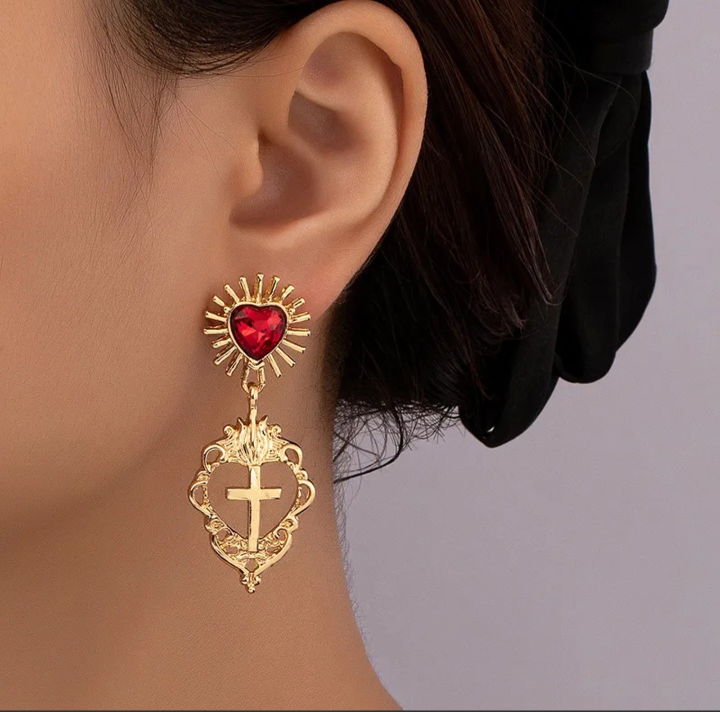 Gold Tone Heart Red Crystal Cross Charm Dangle Drop Earrings Butterfly