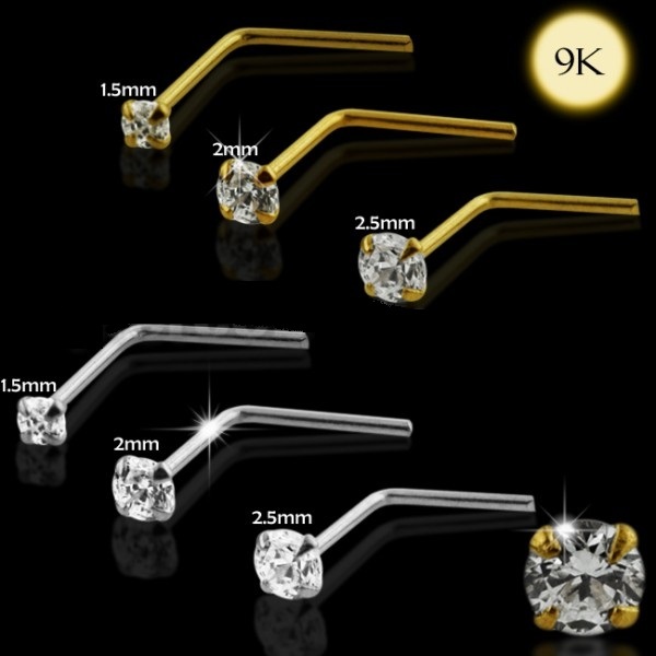 1x 22g 9K Solid Yellow Gold 2mm CZ Gem L-Shaped Nose Ring Stud Pin Bar 9KNS008