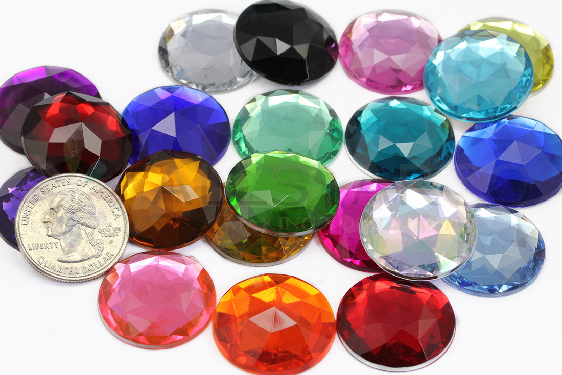 25mm Flat Back Round Acrylic Jewels Plastic Rhinestones 20 Pieces – 21 Colors