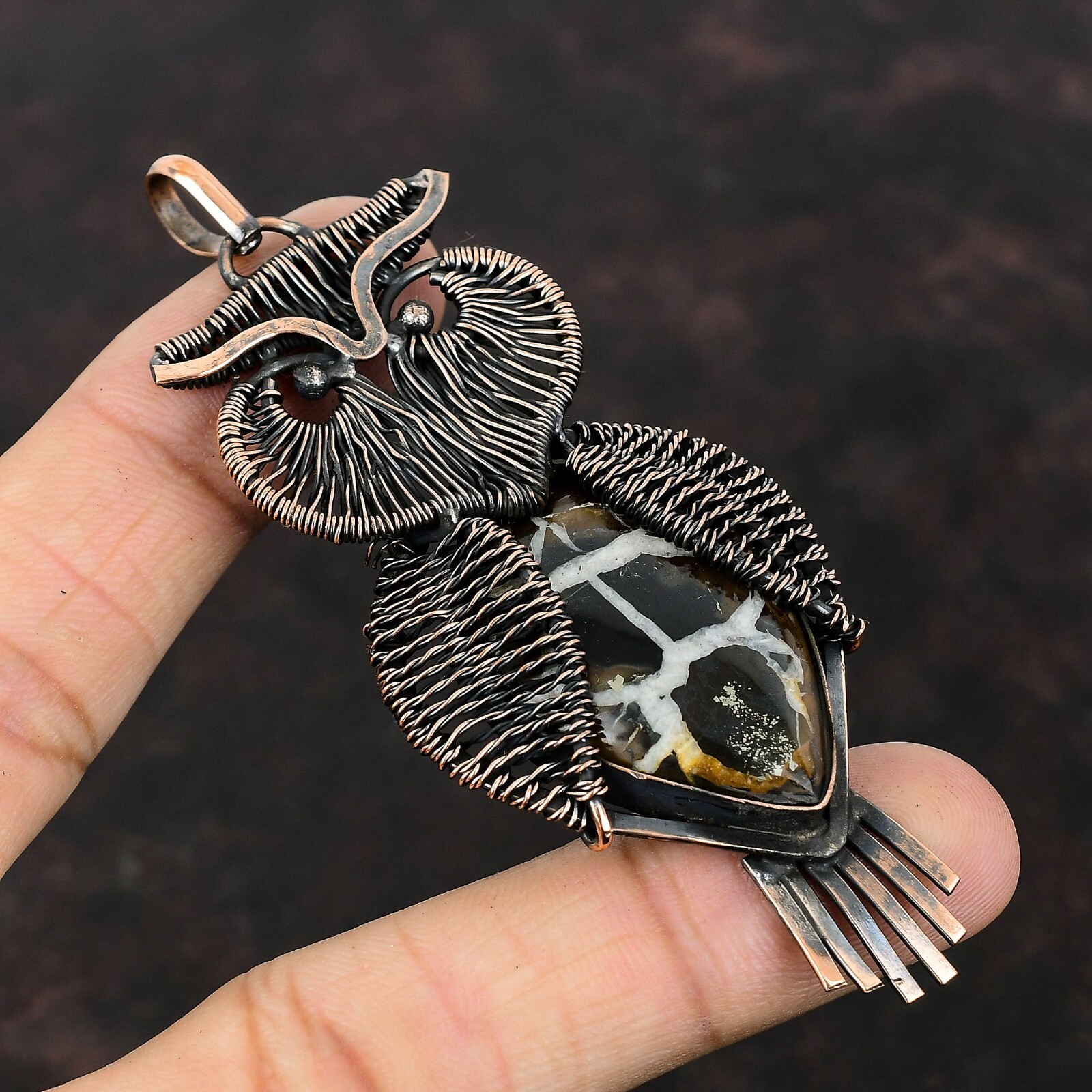 Moroccan Mud Crack Fossil Copper Mother Gift Wire Wrapped Owl Pendant 3.62″