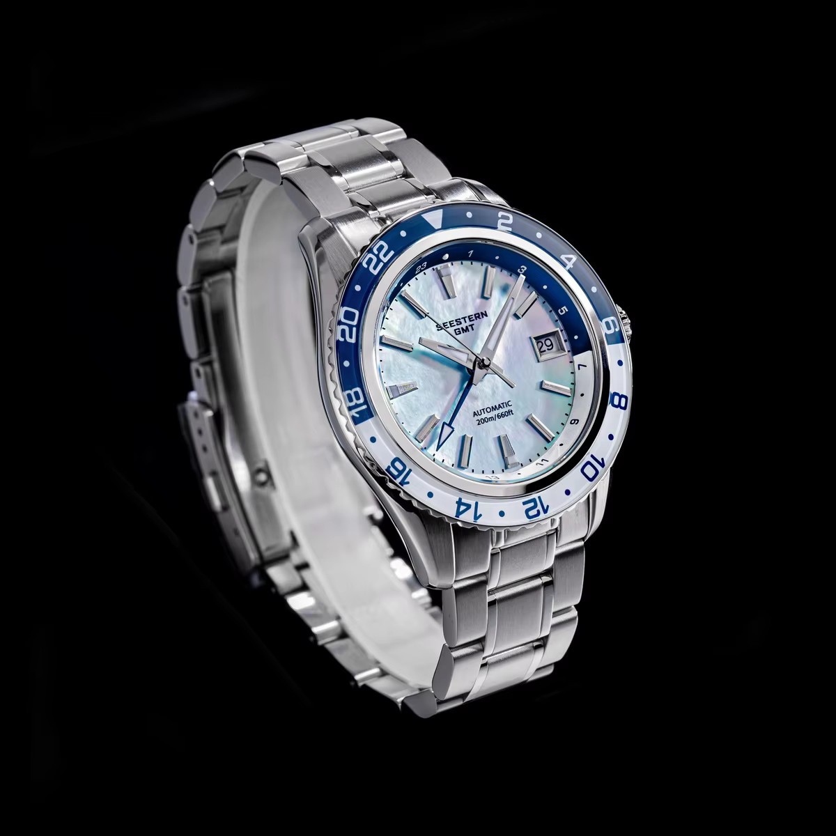 SEESTERN GMT Men Watch Automatic NH34 Sapphire 200M Diver MOP Teal Blue S456
