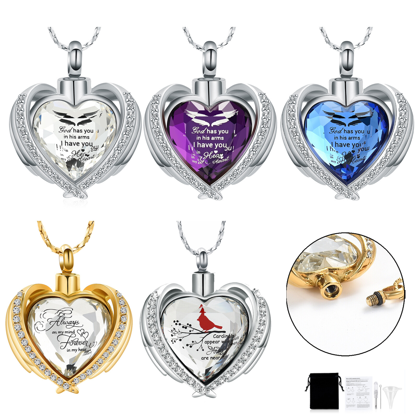 Angel Wings Cremation Jewelry for Ashes Pendant – Crystal Heart Ash Urn Necklace
