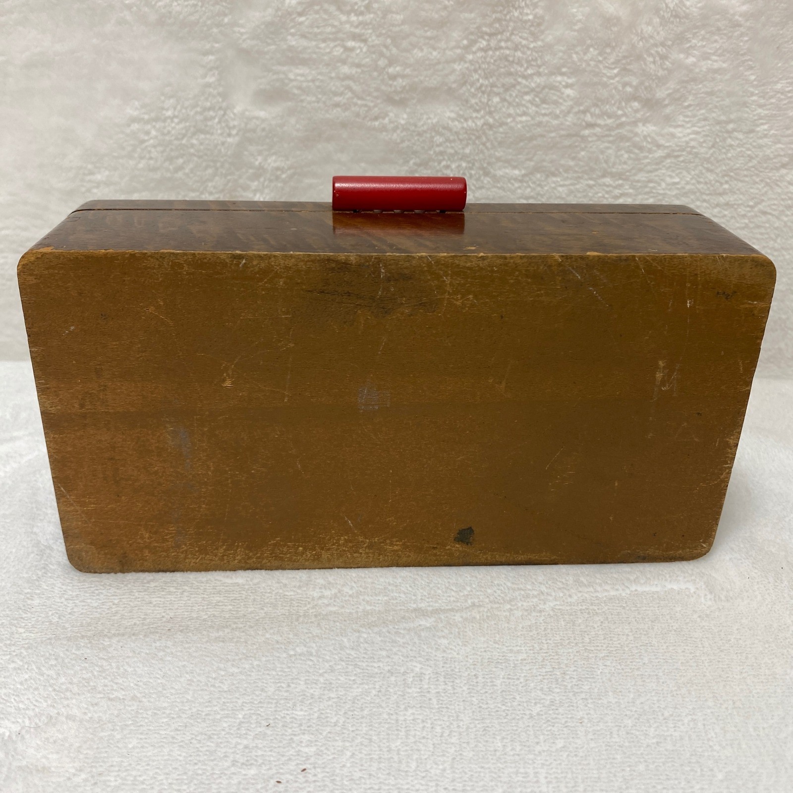 Vintage Bakelite Red Handle Wood Grain Jewelry Trinket Box Art Deco Storage