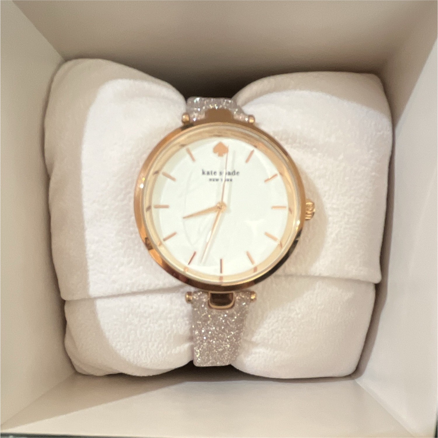 Kate spade new york pink & white glittery leather strap watch