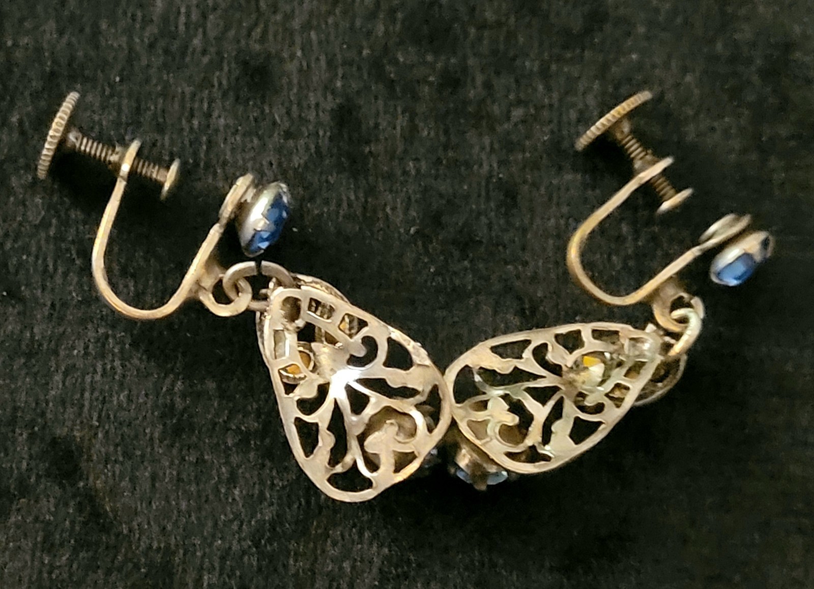 Vintage Gold Tone 1930s Art Deco Earrings Blue Rhinestone Screw Back