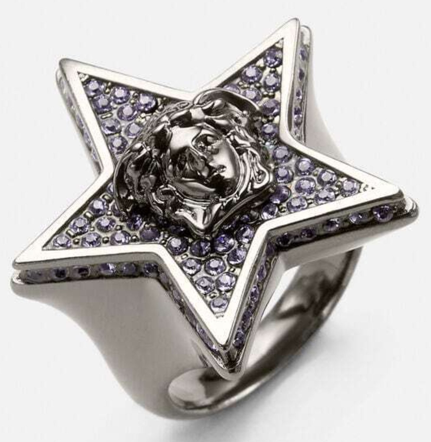 NIB Versace Medusa Logo Star Galaxy Purple Crystal Ruthenium Ring 15 US 7 $695