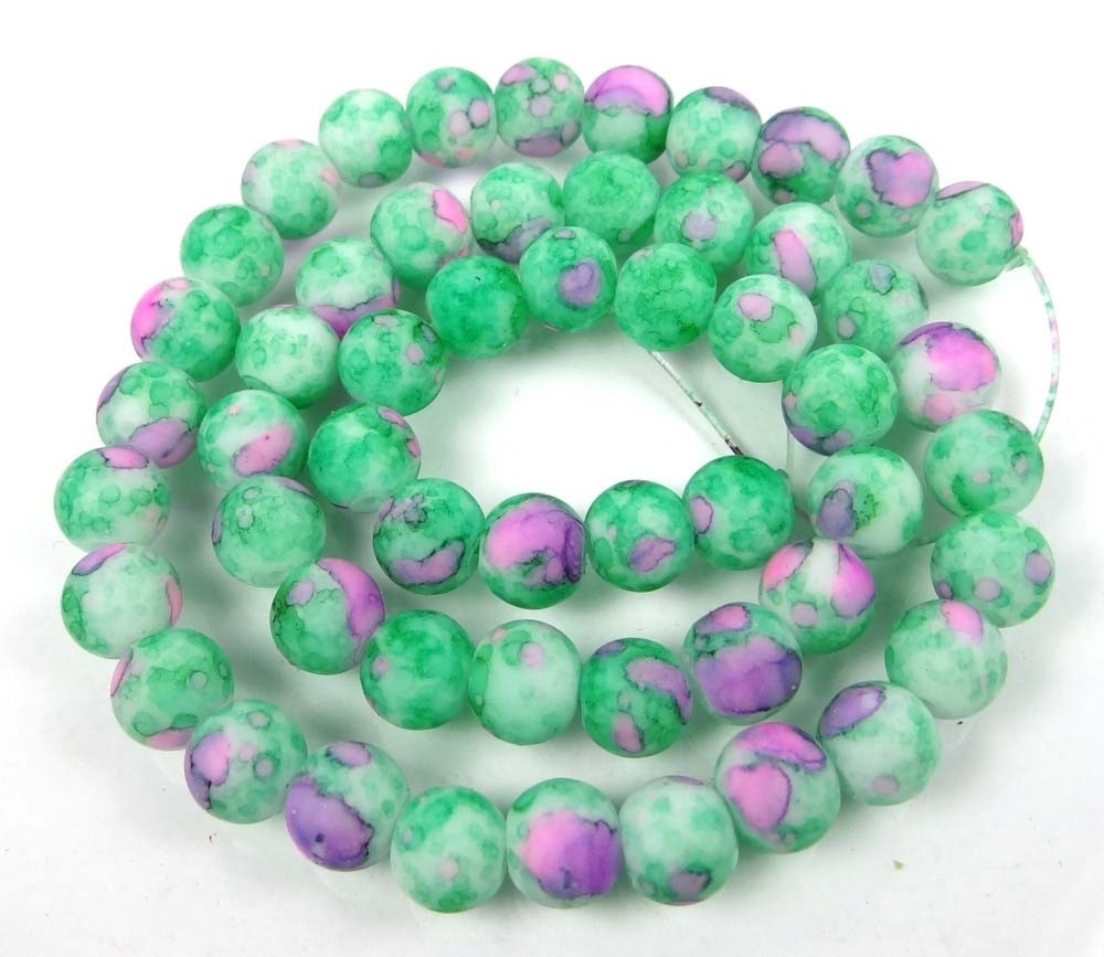 8mm Matte Frosted Neon Rubberized Glass Round Beads – Green Pink 16″