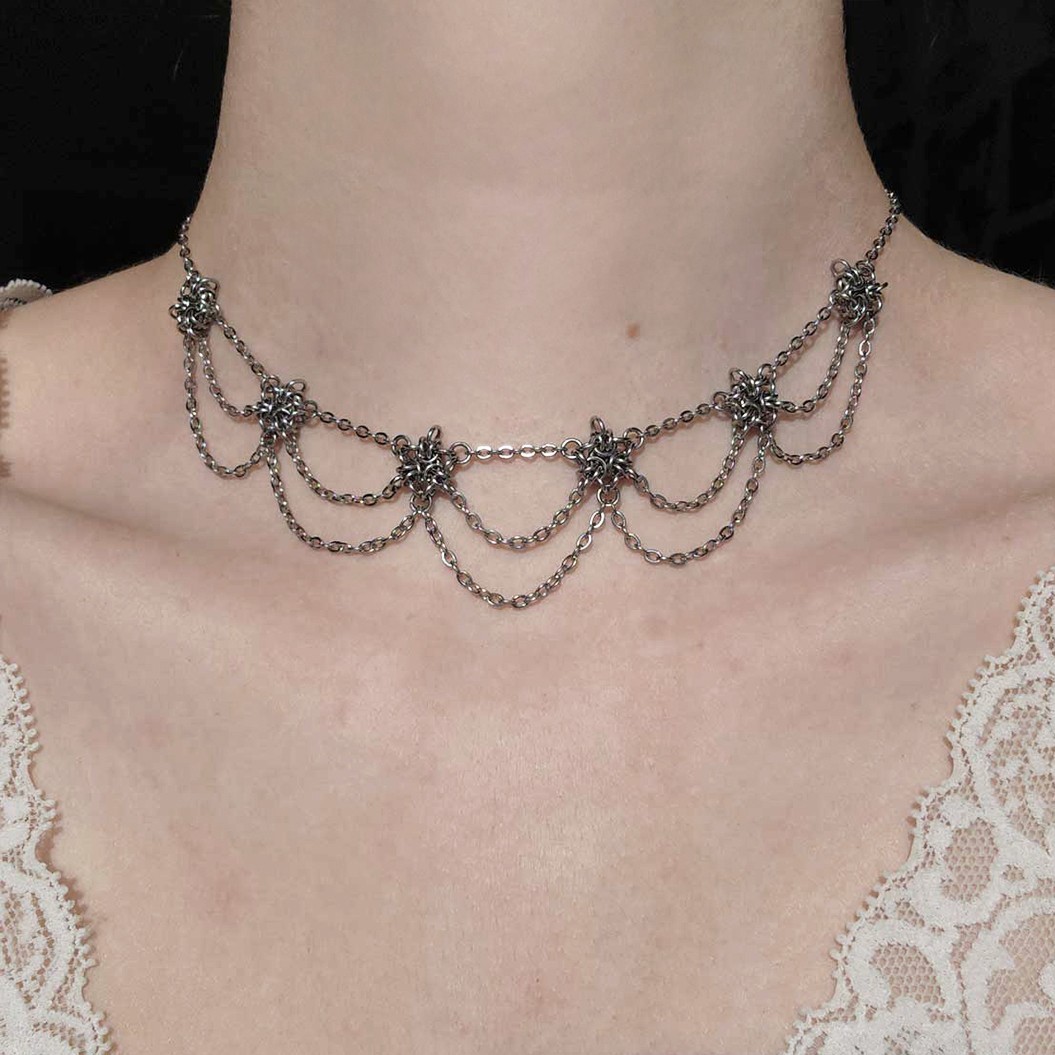 Victorian Gothic style silver chandelier necklace with dangly chains
