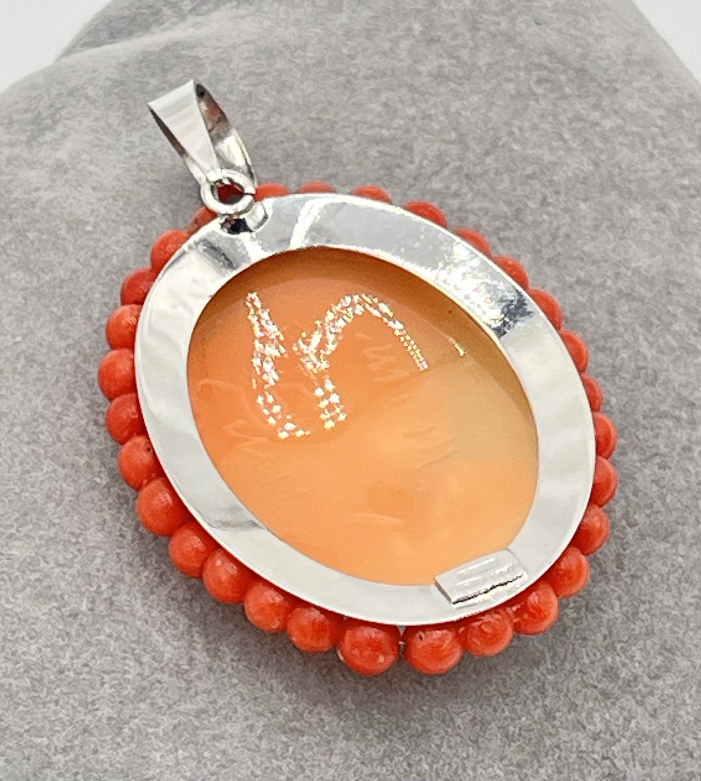 Cameo Corniola Shell Pendant 30mm Silver 925 Red Coral Handmade