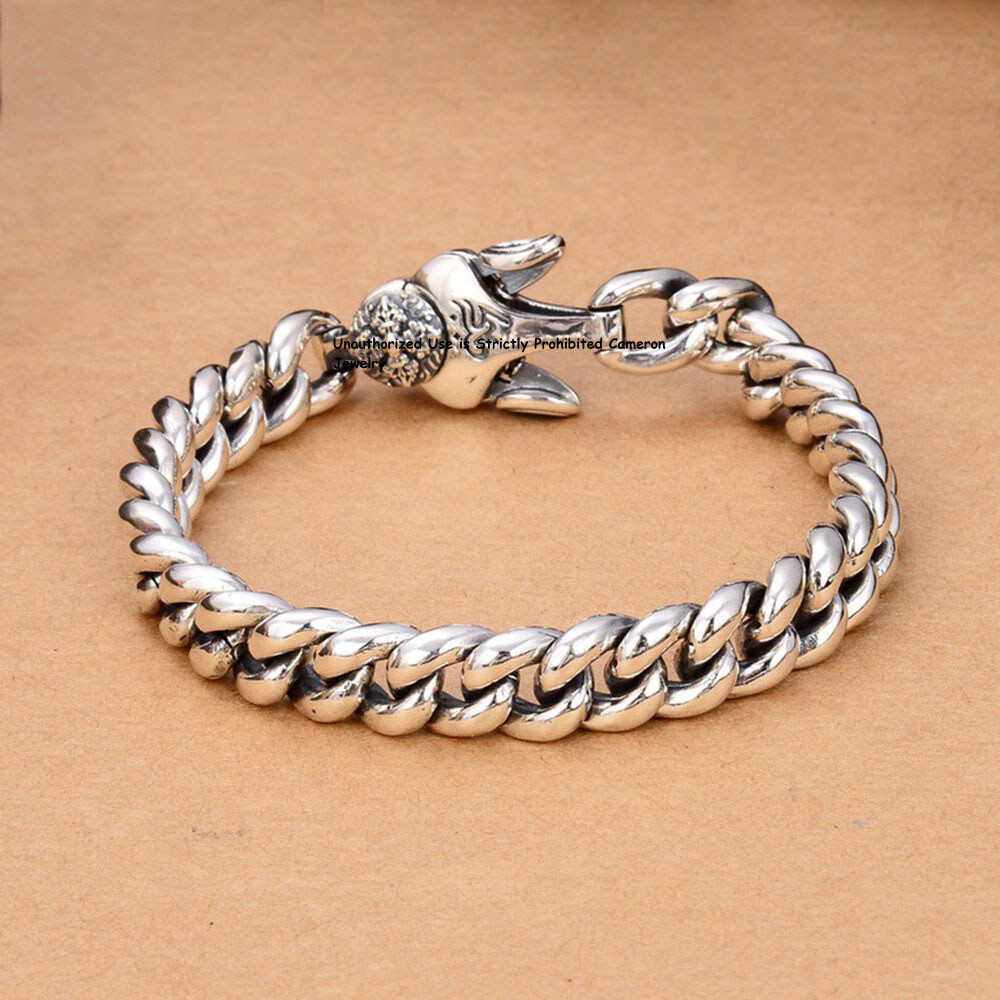 Pure S925 Sterling Silver Chain Men Vajra 9mm Curb Link Bracelet 8.26in 52-53g