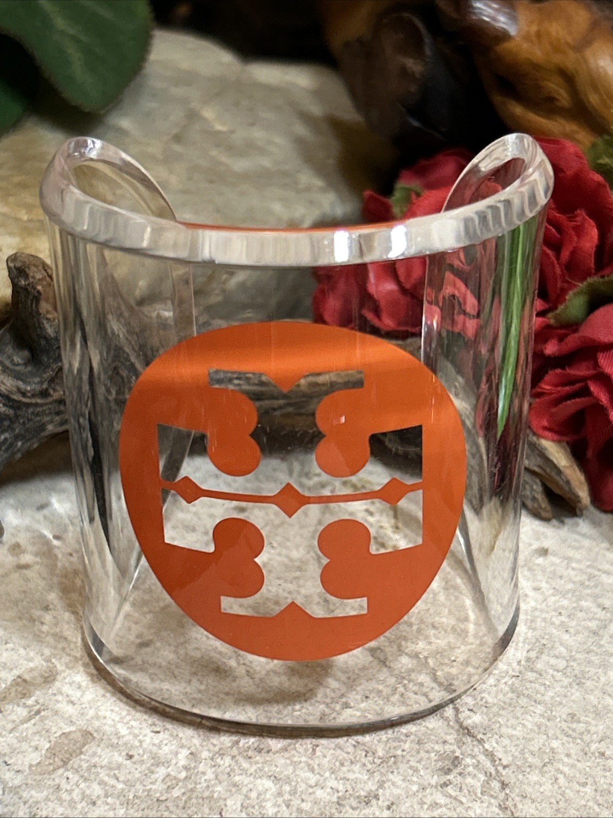 30. TORY BURCH White Clear Lucite Orange Logo Wide Cuff Bracelet 6 1/2″, 39.3g