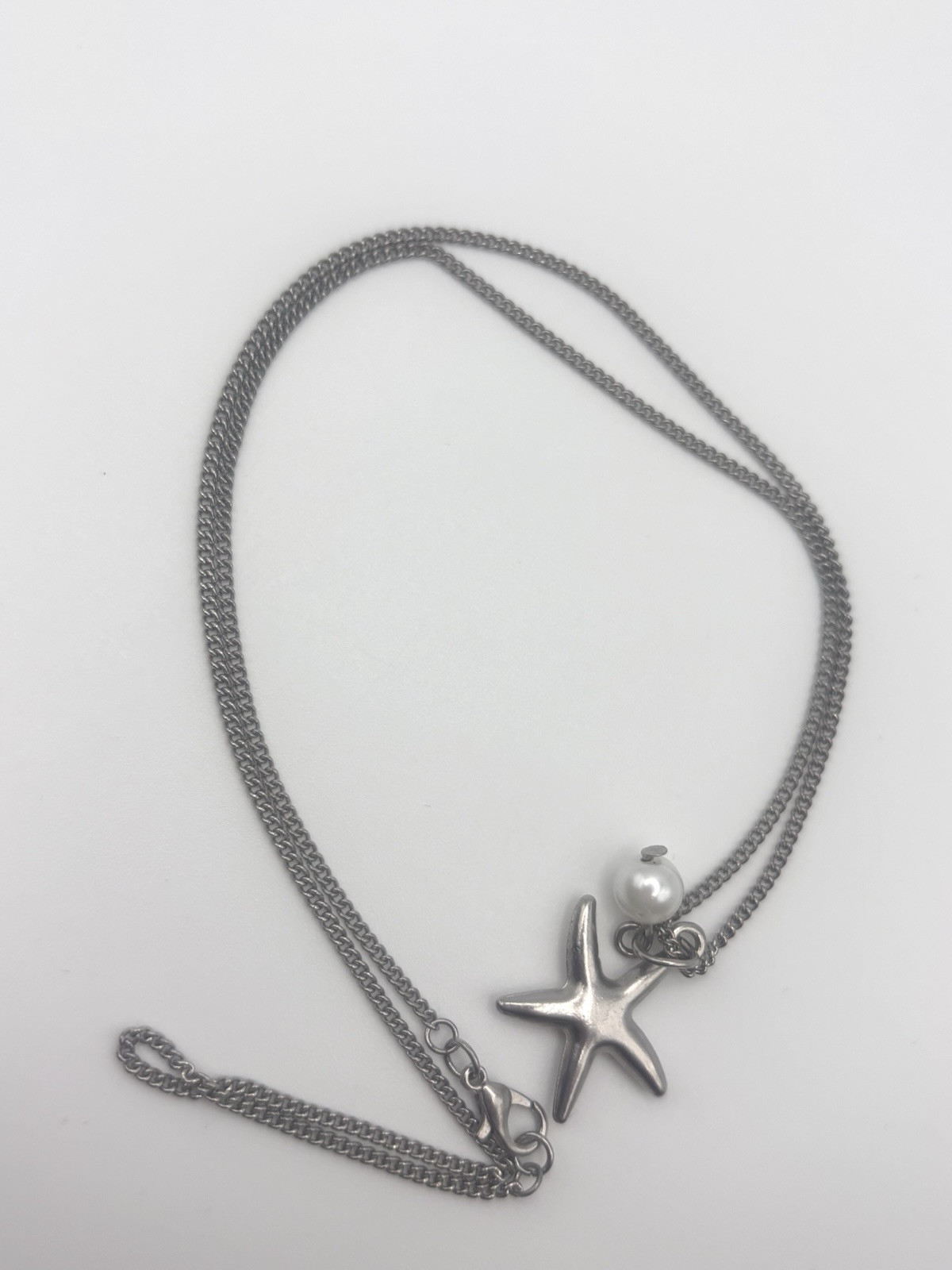 Starfish Simulated Pearl Pendant Necklace Silver Tone 19.5 19 1/2 Inches
