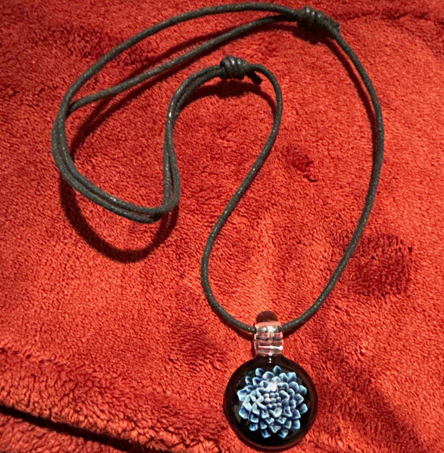 Black Adjustable Cord w/ Round Glass Pendant Blue Flower Glass Resin Ne